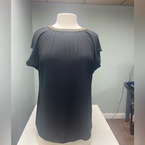 LOFT Black Sheer Top w/ Gold Embellished Neckline
